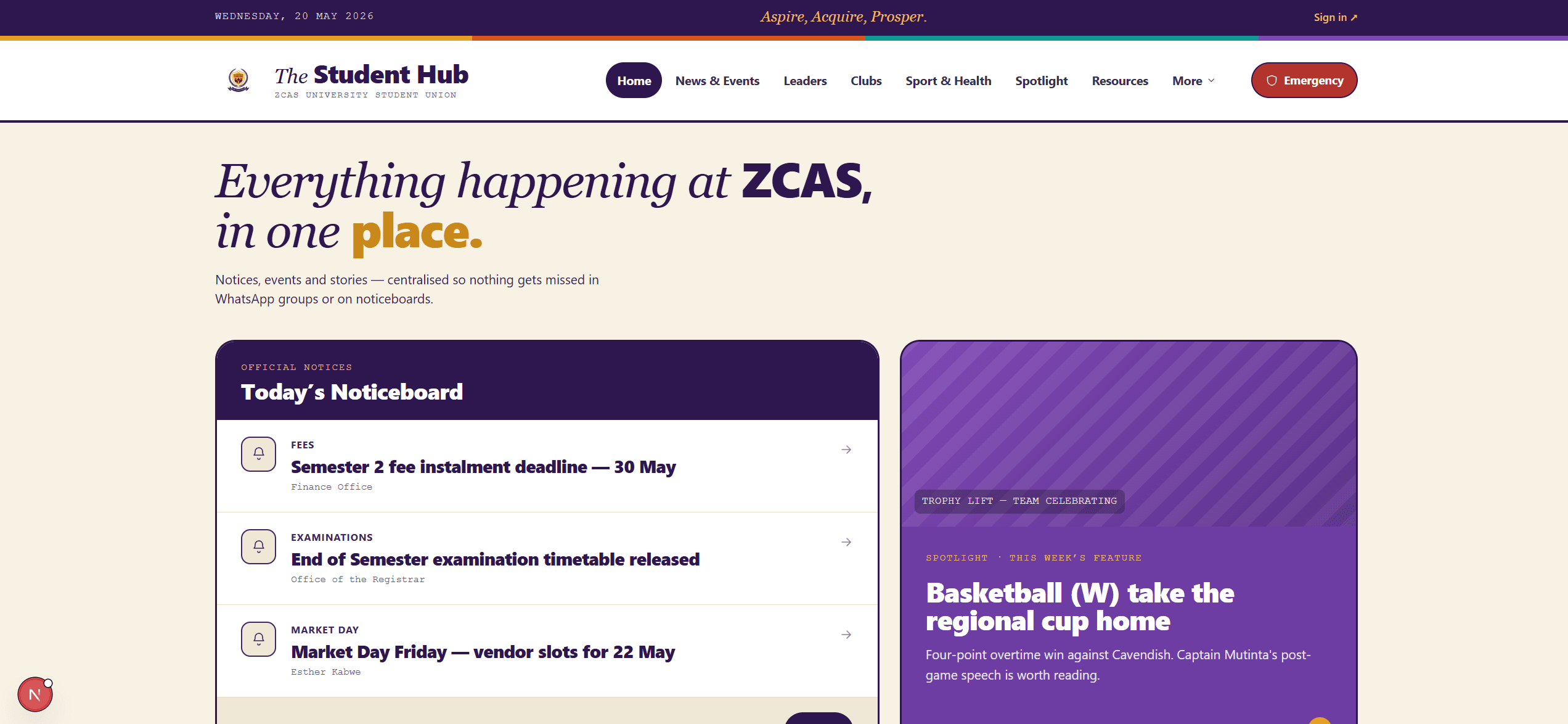 ZCAS University Student Hub homepage