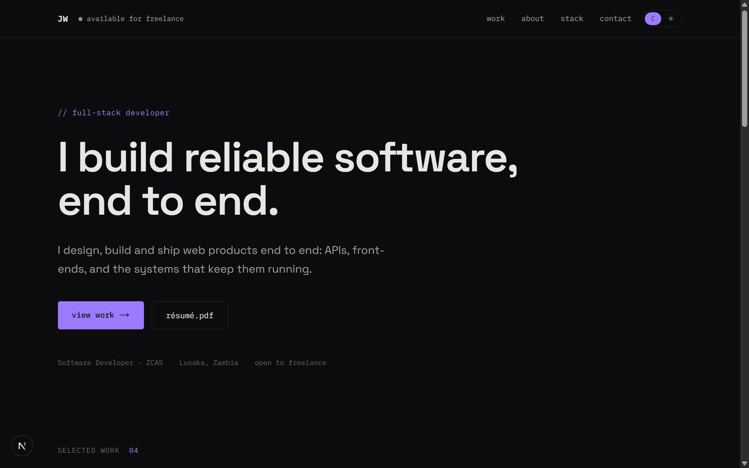 josephwamulume.com homepage in dark mode