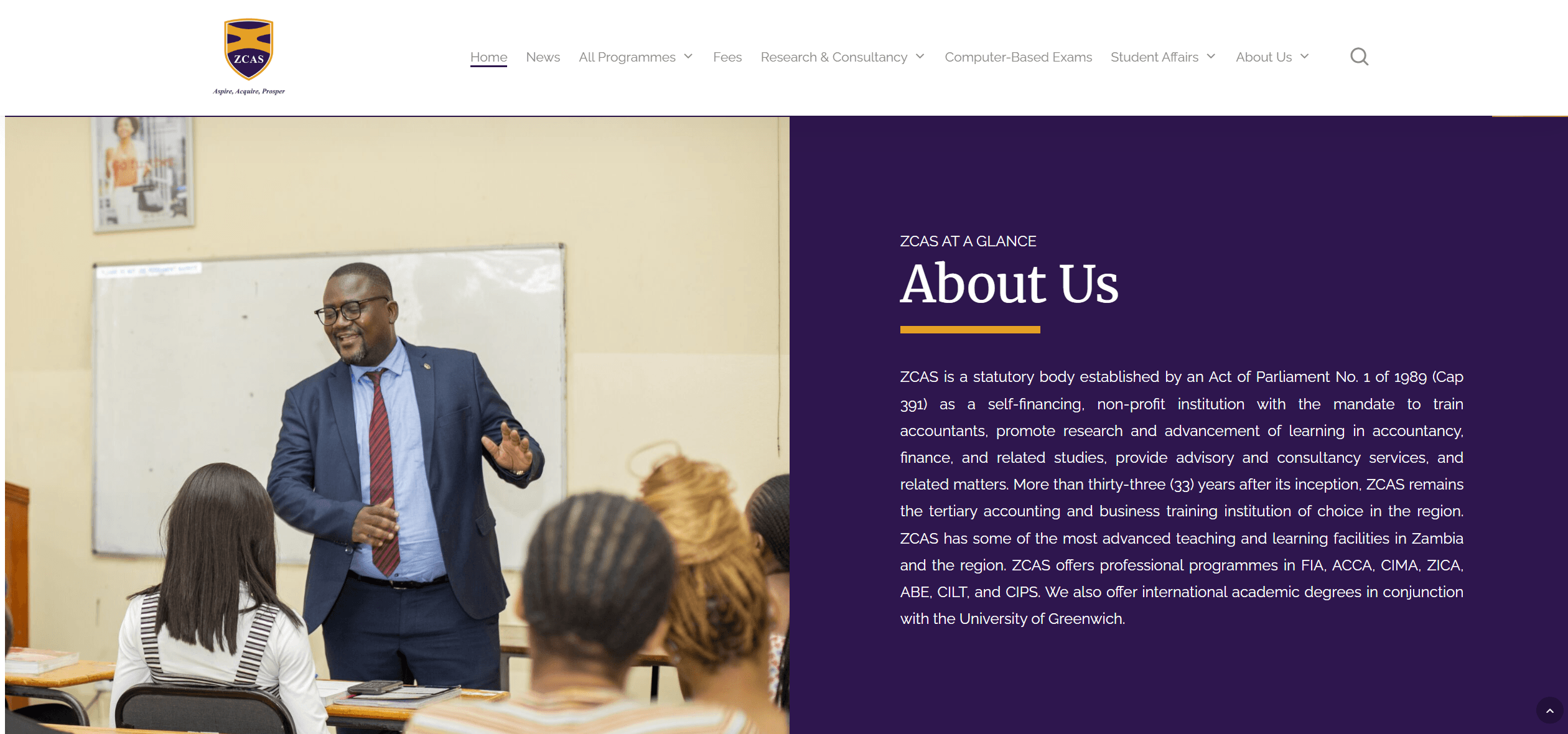 ZCAS Professional website homepage