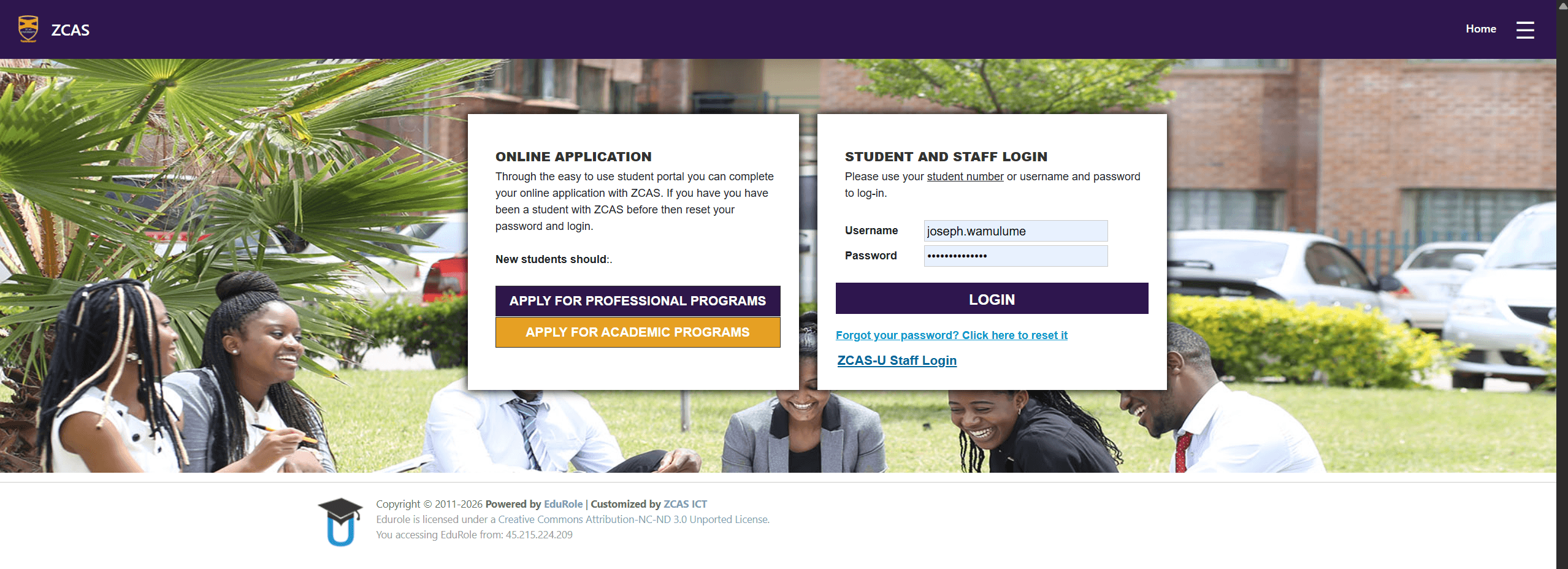 ZCAS Student Information System login screen