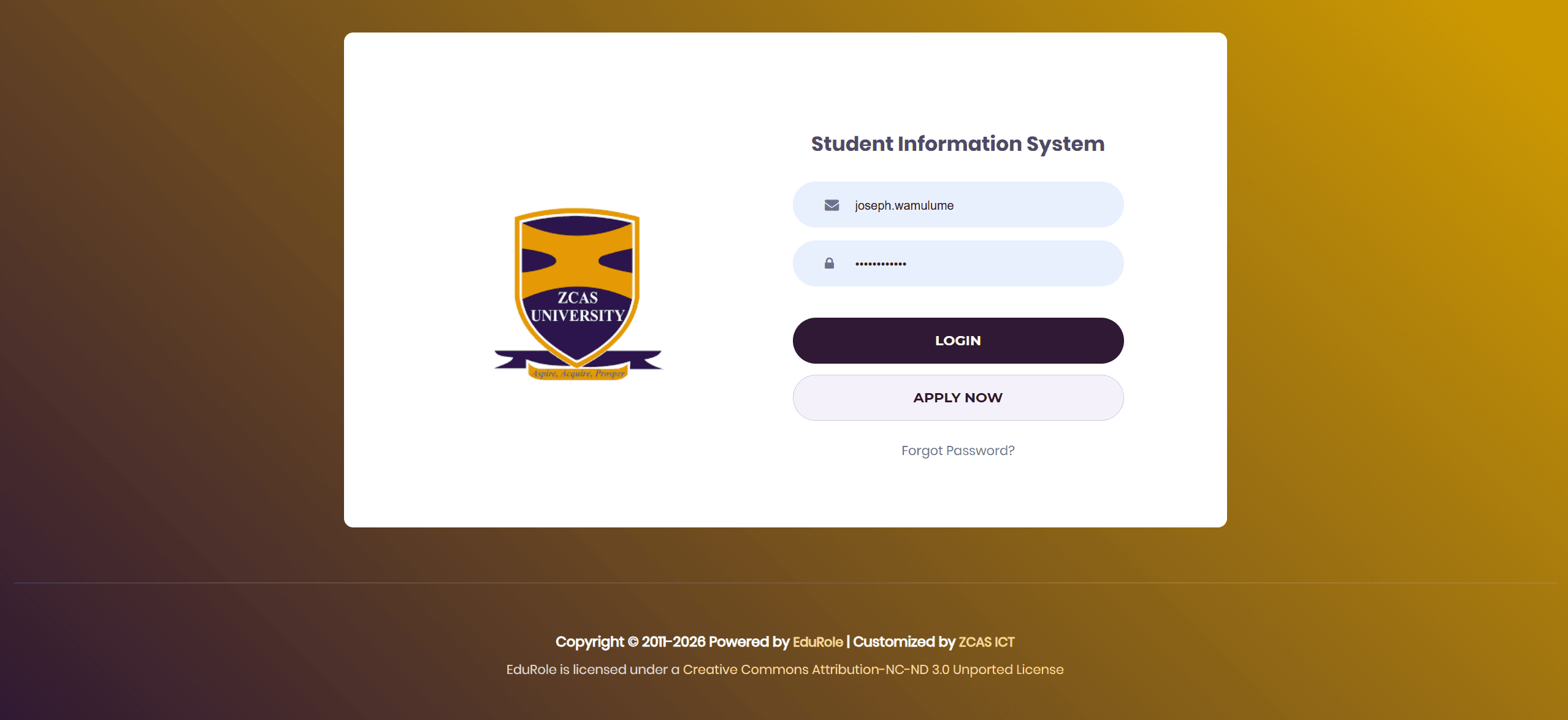 ZCAS University Student Information System login